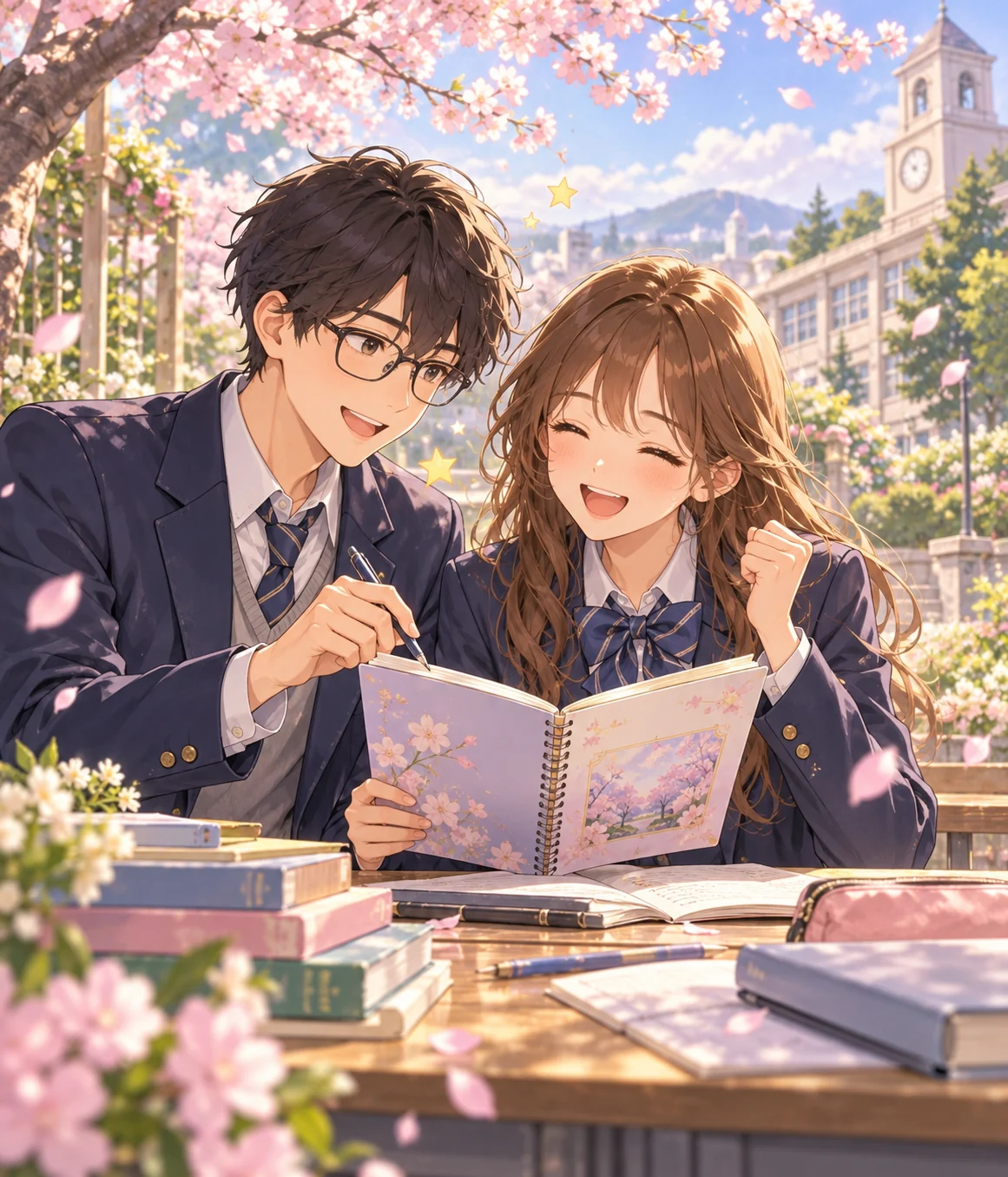 仲間と目標の達成を喜ぶイラスト