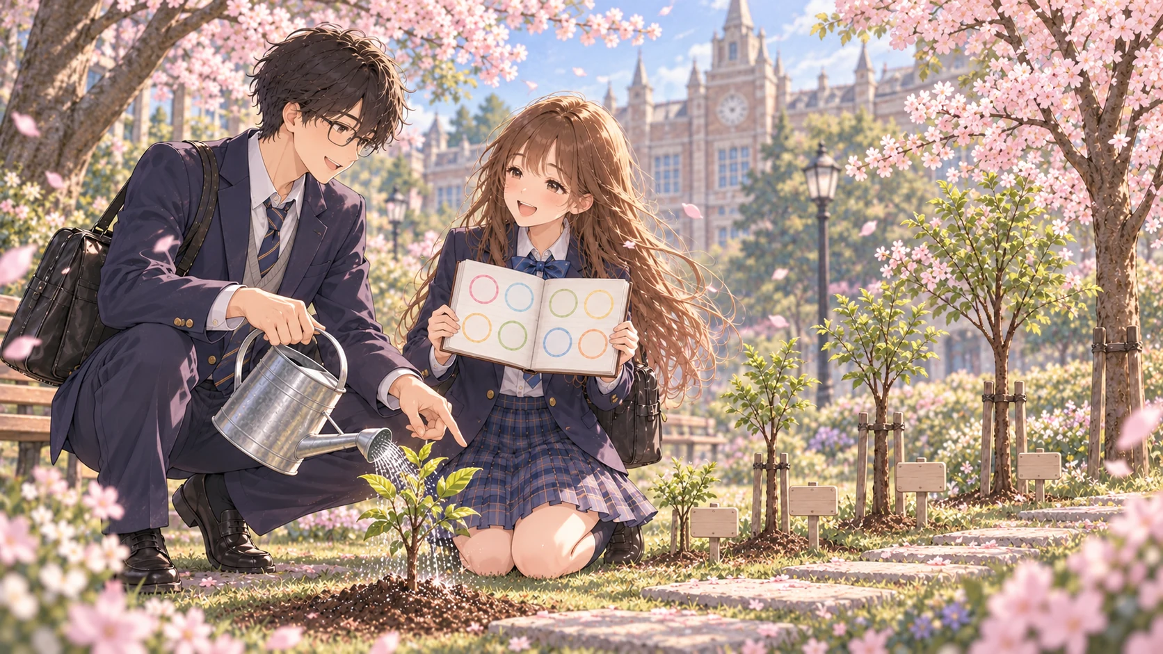 学園の二人が苗木を育てるイラスト