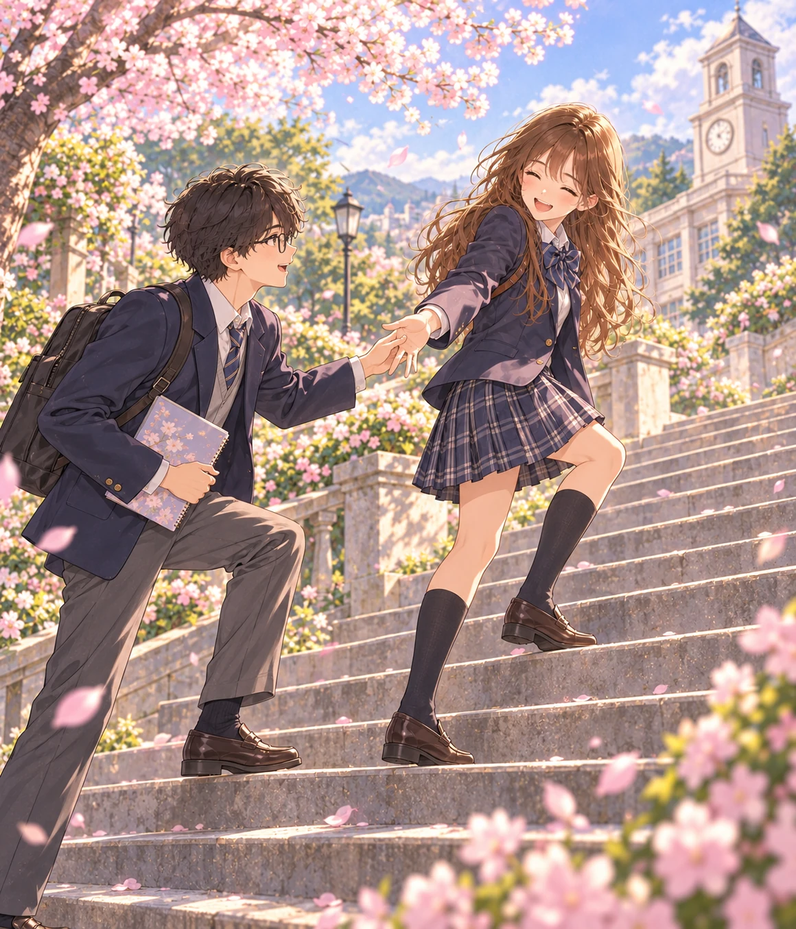 学園の二人が階段を一歩ずつ上るイラスト